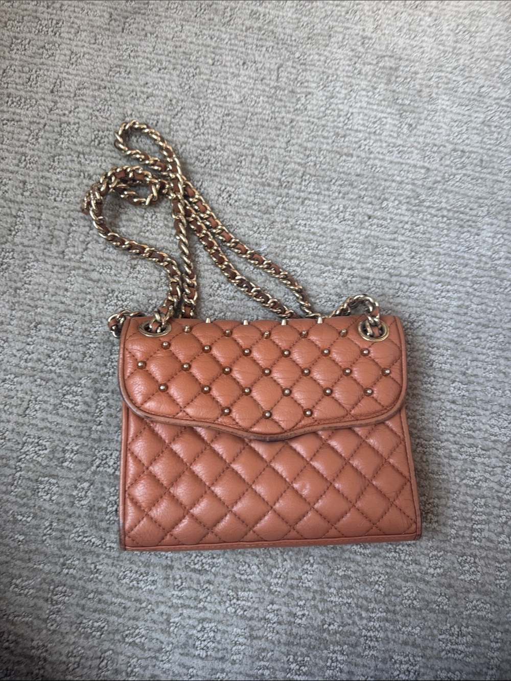 Rebecca Minkoff Quilted Crossbody Bag in Tan with Gold Chain